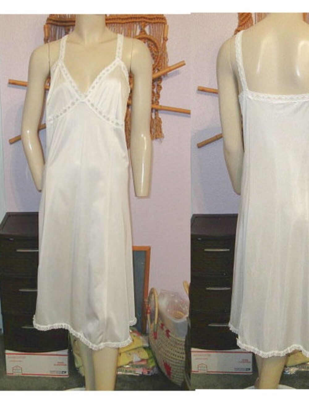 Vtg 50s Satin Lace Trim Slip Dress Size 1X Babydoll Chemise Balletcore Coquette